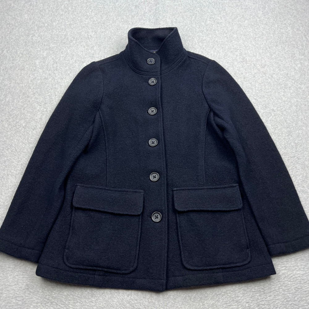 LL Bean Jacket Womens Medium Blue 100% Wool Mock Neck Button Up Retro Chore Coat